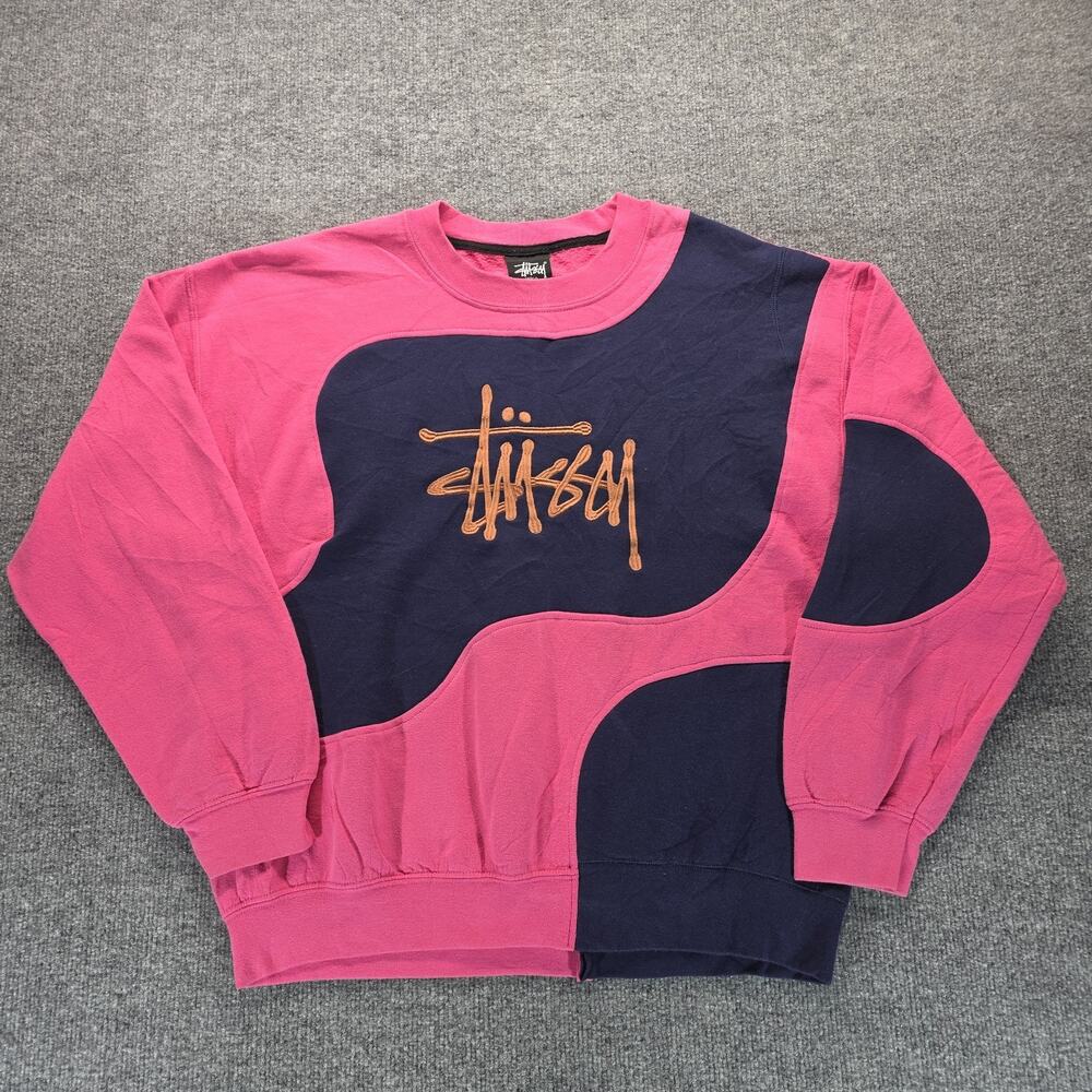 Stussy Men's Rework 1 of 1 Knit Colorblock Pullover Crewneck Logo Pink/Navy L